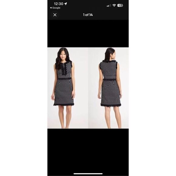 Tory Burch Navy Blue Evelyn Polka Dot Jacquard Sheath Dress Size 4 Fringe - Picture 1 of 12